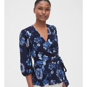 NEW GAP Women's Wrap Blouse Top Navy Floral 3/4 Blouson Sleeve Small Office